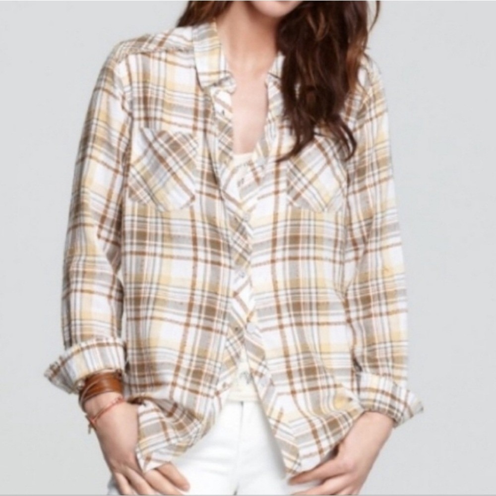 Free People Plaid Patchwork Button Up Shirt Women‎ XS Multicolor Boho Casual